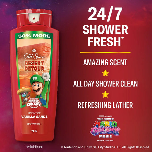 Old Spice x The Super Mario Galaxy Men's 24/7 Shower Fresh Desert Detour Body Wash - Scent of Vanilla Sands - 24 fl oz