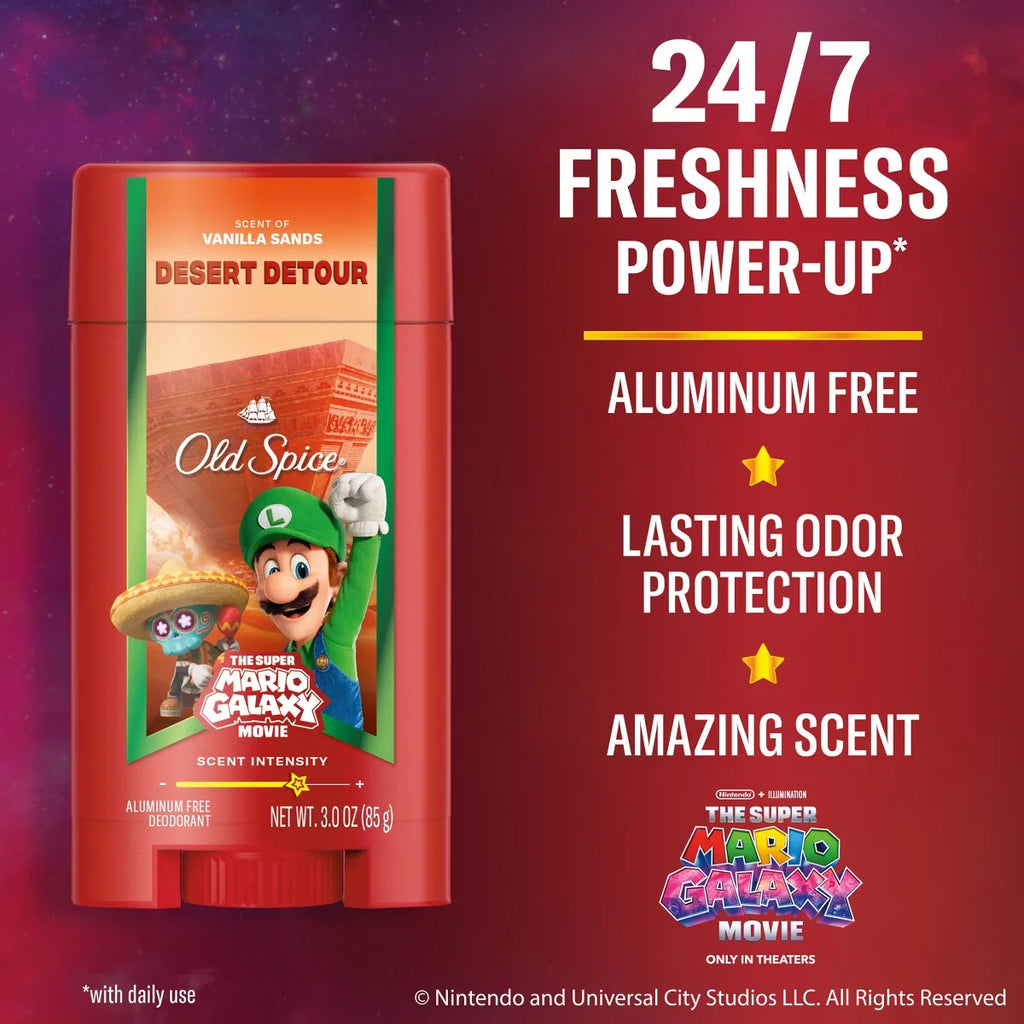 Old Spice x The Super Mario Galaxy Men’s 24/7 Lasting Freshness Desert Detour Aluminum-Free Deodorant - Scent of Vanilla Sands - 3oz