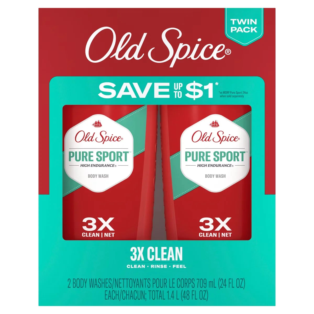 Old Spice High Endurance Pure Sport Body Wash - 24 fl oz/2pk: Liquid for Normal Skin, Whole Body Use, Squeeze Bottle Main image